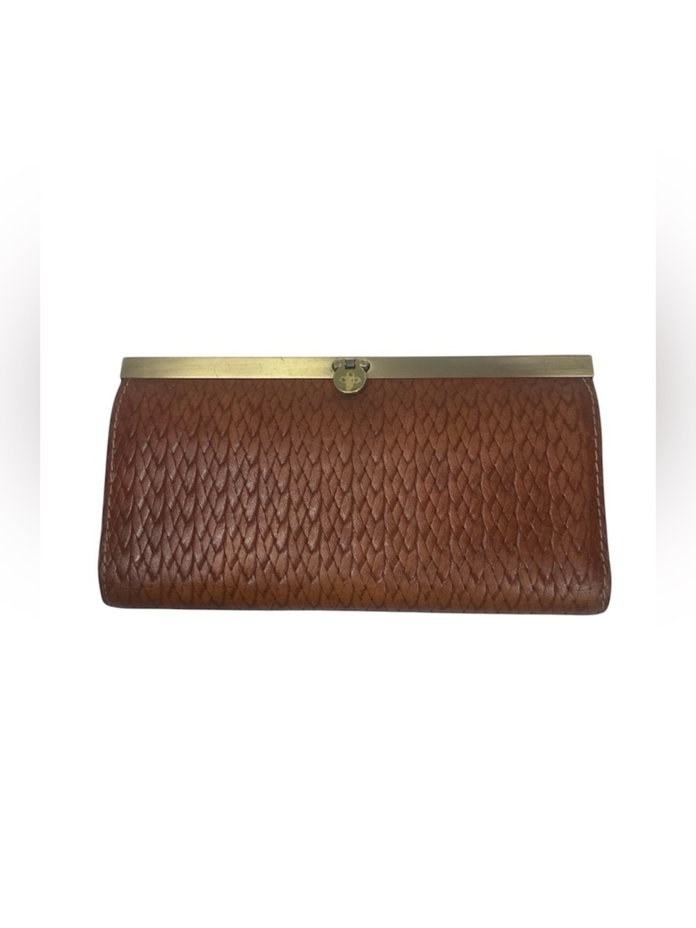 Patricia Nash Cauchy Metal Frame Wallet Woven Leather Cognac Brown